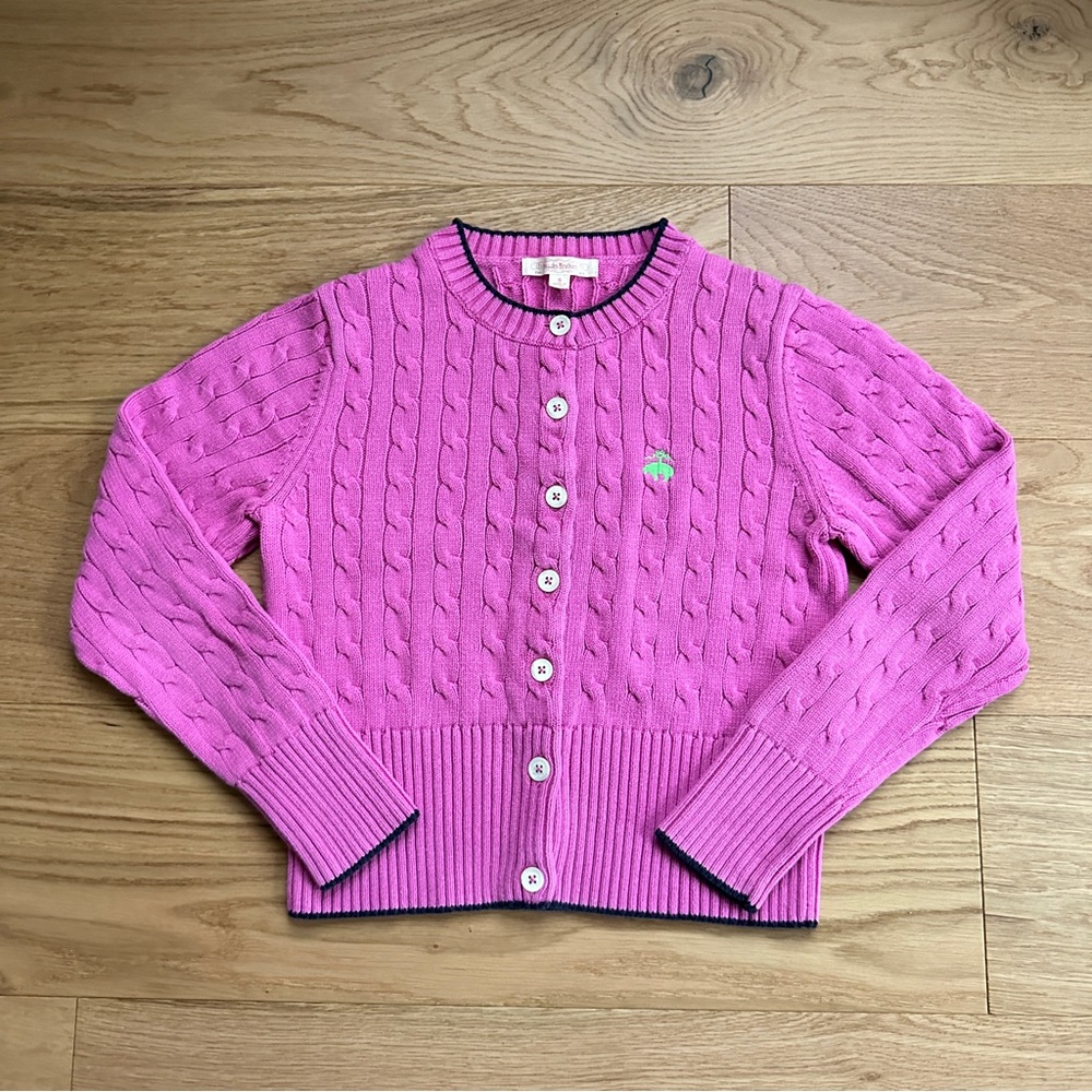 Brooks Brothers Pink Cable Knit Cardigan with Navy Edges Size Small